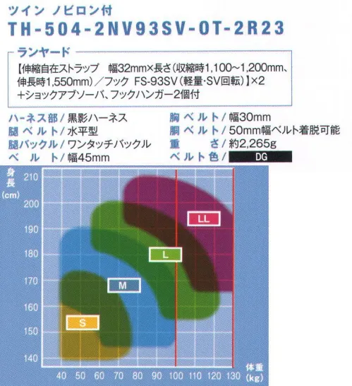 藤井電工 TH-504-2NV93SV 黒影ハーネス ツインランヤード付（ノビロン）（TH-504-2NV93SV-OT-2R23） KUROKAGE HARNESS-黒影ハーネス-見た目も動きもスタイリッシュな、束縛感のない水平型腿ベルト採用モデル■POINT.1 束縛感がない腿部は左右が独立しているので束縛感が少なく、動き易さを高める水平型腿ベルト。■POINT.2 胴ベルトの着脱可付属の固定具を使ってお手持ちの胴ベルトを取付けられます。多くの工具を使う作業時にも使える仕様。■POINT.3 オシャレ系水平型なのでニッカポッカでも締め付けがなく、スタイリッシュ。【ランヤード】・伸縮自在ストラップ:幅32mm×長さ（収縮時1，100～1，200mm、伸長時1，550mm）・フック:FS-93SV（軽量・SV回転）・ショックアブソーバ・フックハンガー付※この商品は受注生産になります。※受注生産品につきましては、ご注文後のキャンセル、返品及び他の商品との交換、色・サイズ交換が出来ませんのでご注意ください。※受注生産品のお支払い方法は、先振込（代金引換以外）にて承り、ご入金確認後の手配となります。 サイズ／スペック