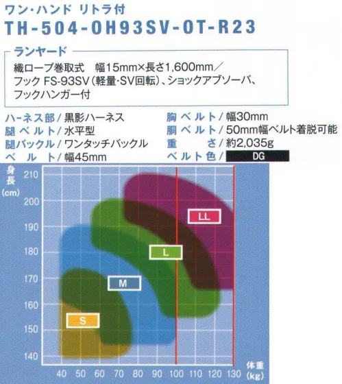 藤井電工 TH-504-OH93SV 黒影ハーネス ランヤード付（ワン・ハンド リトラ）（TH-504-OH93SV-OT-R23） KUROKAGE HARNESS-黒影ハーネス-見た目も動きもスタイリッシュな、束縛感のない水平型腿ベルト採用モデル■POINT.1 束縛感がない腿部は左右が独立しているので束縛感が少なく、動き易さを高める水平型腿ベルト。■POINT.2 胴ベルトの着脱可付属の固定具を使ってお手持ちの胴ベルトを取付けられます。多くの工具を使う作業時にも使える仕様。■POINT.3 オシャレ系水平型なのでニッカポッカでも締め付けがなく、スタイリッシュ。【ランヤード】・織ロープ巻取式:幅15mm×長さ1，600mm・フック:FS-93SV（軽量・SV回転）・ショックアブソーバ・フックハンガー付※この商品は受注生産になります。※受注生産品につきましては、ご注文後のキャンセル、返品及び他の商品との交換、色・サイズ交換が出来ませんのでご注意ください。※受注生産品のお支払い方法は、先振込（代金引換以外）にて承り、ご入金確認後の手配となります。 サイズ／スペック
