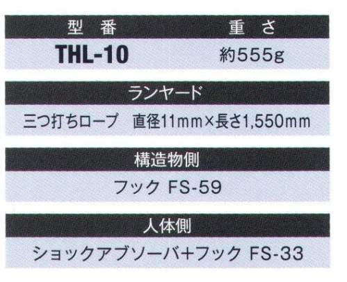 藤井電工 THL-10 柱上作業 フルハーネス用ランヤード（THL-10-R23） 柱上作業に適したフルハーネス用ランヤードで、構造物側フックに小型で軽量なフックを採用しています。【ランヤード】三つ打ちロープ:直径11mm×長さ1，550mm※この商品は受注生産になります。※受注生産品につきましては、ご注文後のキャンセル、返品及び他の商品との交換、色・サイズ交換が出来ませんのでご注意ください。※受注生産品のお支払い方法は、先振込（代金引換以外）にて承り、ご入金確認後の手配となります。 サイズ／スペック