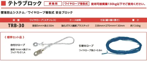 藤井電工 TRB-30 テトラブロック30m(台付・引寄ロープ付) テトラブロック30m耐久性の高いステンレスを使用し、メンテナンスが軽減されます。ラチェット機構で安全性を確認しやすく、内蔵ディスクブレーキが墜落時の衝撃もやわらげます。特徴・ステンレス素材を採用:ロック機構・ディスクブレーキの主要部品にステンレスを使用し、耐食性とランニングコストを向上。・ワイヤ径を4.3mmから5mmに拡大し、強度と耐久性を向上。・ディスクブレーキ内蔵:実績あるブレーキを採用し、国内外の規格に対応可能。・ラチェット機構のロック爪:ワイヤ操作時に音で正常動作を確認でき、凍結などによる固着が起きにくい設計。・衝撃負担を軽減:内蔵ディスクブレーキがショックアブソーバの役割を果たし、墜落時の衝撃を和らげる。※この商品は受注生産になります。仕様品番:TRB-30品名:テトラブロック30m重量:約13.1kg サイズ／スペック
