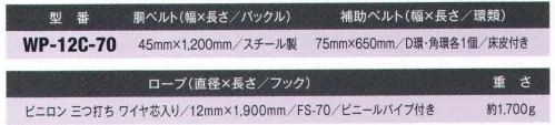 藤井電工 WP-12C-70 12C林業用安全帯 直径12mmのロープ採用。ビニールパイプ付きなのでロープの消耗を低減します。また補助ベルトは床皮を張っていますので、作業中にベルトがずれにくい設計です。ワークポジショニング用器具（林業用）主として林業の枝打ち作業用に開発された安全帯。ロープの芯にワイヤを練り込んで枝を打ち落とす際の刃物の接触を考慮しています。※この商品は受注生産になります。※受注生産品につきましては、ご注文後のキャンセル、返品及び他の商品との交換、色・サイズ交換が出来ませんのでご注意ください。※受注生産品のお支払い方法は、先振込（代金引換以外）にて承り、ご入金確認後の手配となります。 サイズ／スペック