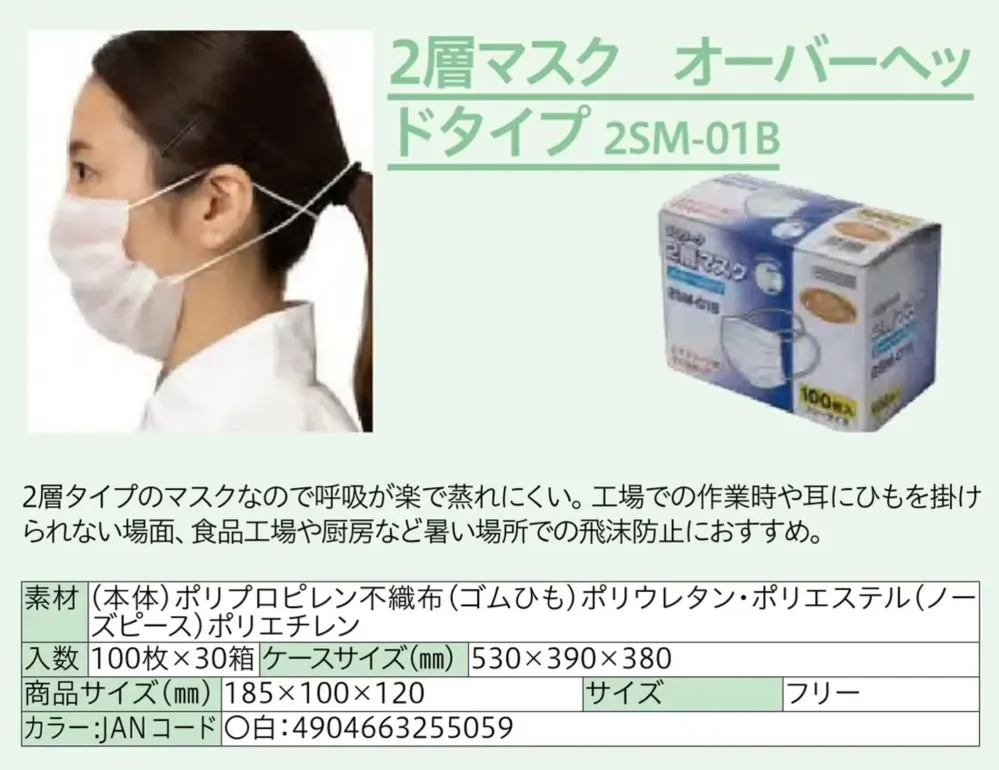 中部物産貿易 2SM-01B 2層マスク オーバーヘッドタイプ（3000枚入） サイズ・スペック