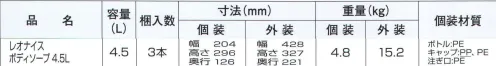 中部物産貿易 LE-BODY045 レオナイス ボディソープ4.5L（3本入り） LeoNiceレオナイス クリーミィな泡立ちで、お肌をさっぱりやさしく洗い上げます。6種の植物エキス配合（保湿成分）さっぱり＆なめらかな洗い上がり。セイヨウオトギリソウエキス、アルニカ花エキス、セイヨウトチノキ種子エキス、ハマメリス葉エキス、ブドウ葉エキス、セイヨウキズタ葉/茎エキス。●植物由来の洗浄成分と6種の植物エキス配合（保湿成分）。●クリーミィな泡立ちでやさしくさっぱりと洗い上げます。●素肌と同じ弱酸性。●心やすらぐハーバルフローラルの香り（微香性）。※注ぎ口が同梱されています。※この商品はご注文後のキャンセル、返品及び交換は出来ませんのでご注意下さい。※なお、この商品のお支払方法は、先振込（代金引換以外）にて承り、ご入金確認後の手配となります。 サイズ／スペック