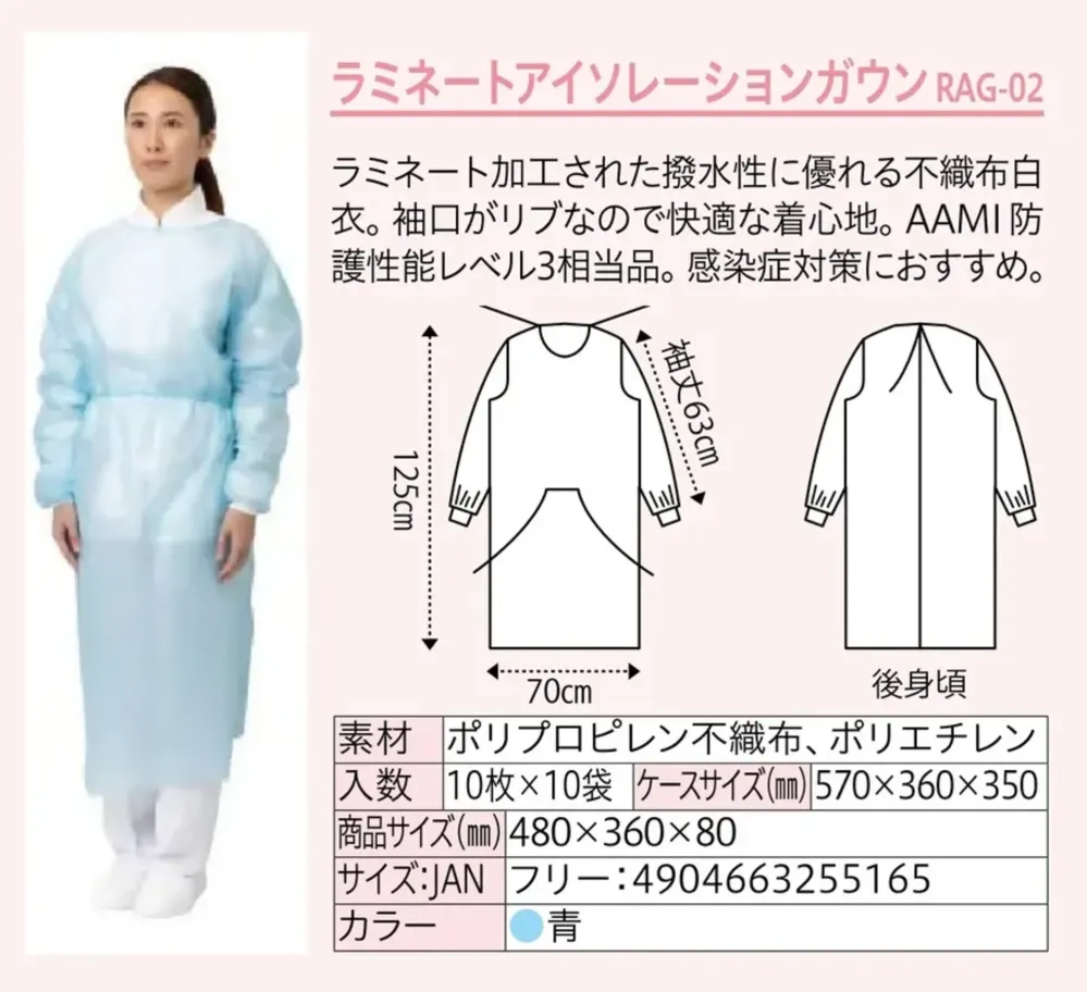 中部物産貿易 RAG-02 ラミネートアイソレーションガウン（100枚入） サイズ・スペック