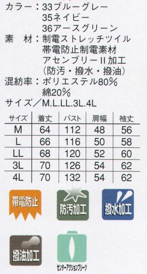 本州衣料 C-306 ブルゾンジャンパー 背面にゆとりを持たせ、自然な着心地を演出。背面の中央部にプリーツと呼ばれる折りひだ状のものを形成。これにより、背面に伸縮性を持たせ、肩や腕を動きやすくすることができます。 サイズ／スペック