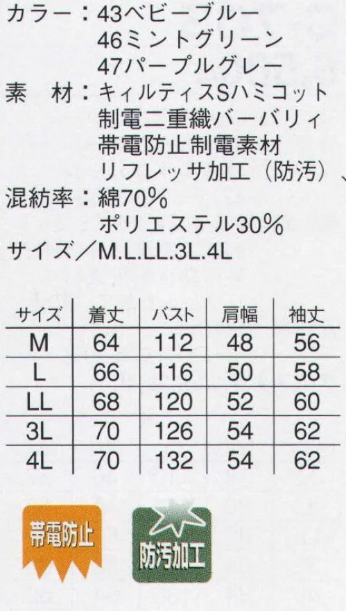 本州衣料 C-706 ブルゾンジャンパー 防汚加工で汚れに強く、毎日のお洗濯も簡単。 サイズ／スペック