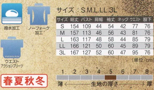 本州衣料 CV-400 オーバーオール（ワンタック・袖口隠しボタン） ワークステージを選ばない、動きやすさと着心地の良さ。ゆったりとした着心地で、腕の動きもスムーズ。肩の窮屈感を無くす加工を施し、どんな動きにも対応します。ウエスト部分にプリーツと呼ばれる伸縮加工と特殊ゴムを採用。ウエスト部分を閉め過ぎず、動きやすさが向上します。※「40 ブルー」、「46 セダーグリーン」は、販売を終了致しました。 サイズ／スペック