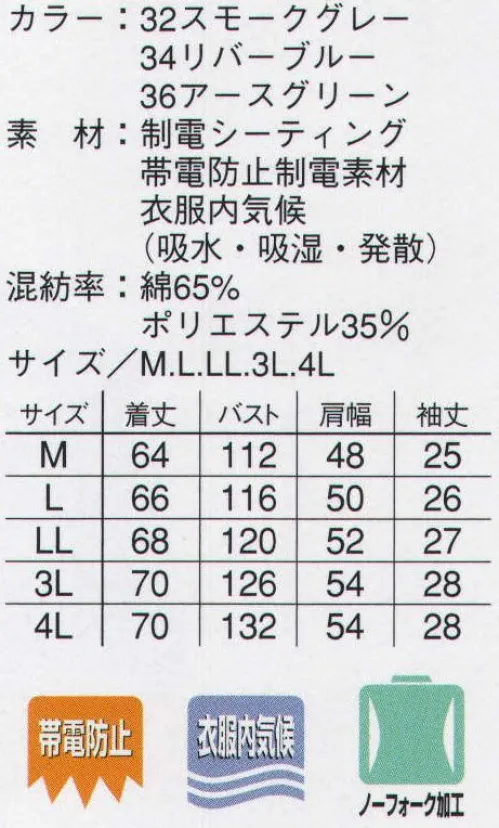 本州衣料 E-805 半袖ブルゾンジャンパー 静電気の発生を抑え、デリケートな作業をサポート。ゆったりとした着心地で、腕の動きもスムーズ。肩の窮屈感を無くす加工を施し、どんな動きにも対応します。 サイズ／スペック