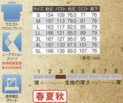 本州衣料 J-38900 オーバーオール（ワンタック・袖口マジックテープ） 腰と膝を動きやすく加工し、スムーズな屈伸動作が実現。ウエスト部分にプリーツと呼ばれる伸縮加工と特殊ゴムを採用。ウエスト部分を閉め過ぎず、動きやすさが向上します。膝の部分にプリーツと呼ばれる伸縮加工と特殊ゴムを採用。ハードな動きが要求される脚まわりの自由を確保します。携帯電話用のポケットを取り付けてあります。どんな条件のもとでも、大事なビジネスチャンスを逃しません。※「3 コメットブルー」、「4 ダークブルー」、「9 マスタード」、「16 ライトグリーン」は、販売を終了致しました。 サイズ／スペック