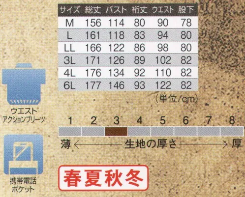 本州衣料 OV-1181 オーバーオール 綿素材が心地いいオーバーオールです。ゆったりとした着心地で、腕の動きもスムーズ。肩の窮屈感を無くす加工を施し、どんな動きにも対応します。携帯電話用のポケットを取り付けてあります。どんな条件のもとでも、大事なビジネスチャンスを逃しません。ウエスト部分にプリーツと呼ばれる伸縮加工と特殊ゴムを採用。ウエスト部分を閉め過ぎず、動きやすさが向上します。 サイズ／スペック