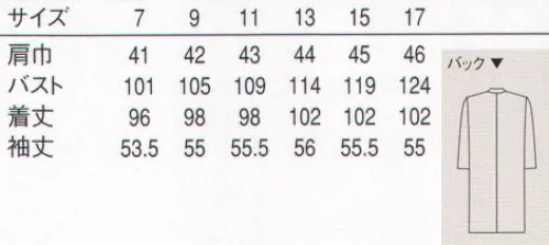 セブン（白洋社） AA120-8 コート（女性用） ・医療用シングルコート。  ・丈夫で壊れにくいオリジナル釦使用。  ・袖口テープ入り、袖口を絞る事が出来ます。  ・比翼仕立てでボタンが邪魔になりません。  ・SEK青マーク（抗菌防臭加工）生地使用。  ※栄養士・工場見学の方にもお勧めです。 ○清潔感のあるブロード素材を使用した医療用シングルコート。 丈夫で壊れにくいオリジナル釦を使用しています。生地に抗菌防臭加工が施されているので、常に衛生的な作業環境を求められる現場におすすめです。 ※この商品は旧品番 AA120-5 になります。※この商品はご注文後のキャンセル、返品及び交換は出来ませんのでご注意下さい。※なお、この商品のお支払方法は、先振込（代金引換以外）にて承り、ご入金確認後の手配となります。 サイズ／スペック