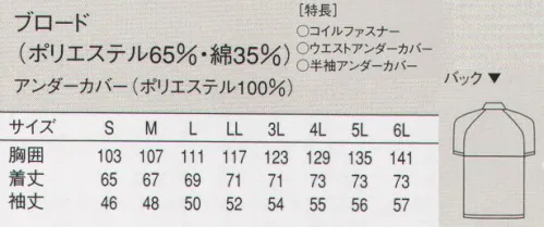 セブン（白洋社） AA489-8 半袖コート 高い密閉性はもちろん、見た目の清潔感にも配慮した実用的な衛生白衣です。●抗菌性。繊維上の黄色ブドウ球菌の増殖を強力に抑制し、細菌による悪臭も防止。工業洗濯でも機能がほとんど低下せず、衛生的な環境を長く保てます。●素材は、シワになりにくく丈夫な、ポリエステル/綿の混紡素材を使用しています。●衿。首まわりを締め付けないゆったりめのスタンドカラー。頭巾の裾を中に入れれば、頭髪の落下を防止できます。衿元の乱れを防ぐドットボタン付き。●前立て。破損や変形が少なく熱にも強いコイルファスナーを使用しています。●アンダーカバー。身頃は二重構造。左右のアンダーカバー（内側の布）を重ねて紐で結び、裾をパンツの中に入れれば、毛髪等の落下を防止できます。●腕部。AA488の袖口は幅広の特殊ゴム入り。AA489は脇下にゴム入りのアンダーカバーが着いており、どちらも体毛等の落下を防ぎます。●裾丈。ヒップまで完全に覆うため、防寒に最適。体型も目立たず、アンダーウェアもはみ出しません。●ポケット。異物の持込や埃の付着を防ぐ為、ポケットは付けていません。・衛生白衣半袖。  ・スナップ留めスタンドカラー。  ・破損や変形が少なく熱にも強い、コイルファスナーを使用。  ・袖アンダーカバー付。  ・ウエストアンダーカバー付き。  ・SEK青マーク（抗菌防臭加工）生地使用。 ※製品への異物混入（毛髪等の落下）を防止したい職場に最適です。  ※この商品は旧品番 AA489-0 になります。※この商品はご注文後のキャンセル、返品及び交換は出来ませんのでご注意下さい。※なお、この商品のお支払方法は、先振込（代金引換以外）にて承り、ご入金確認後の手配となります。 サイズ／スペック