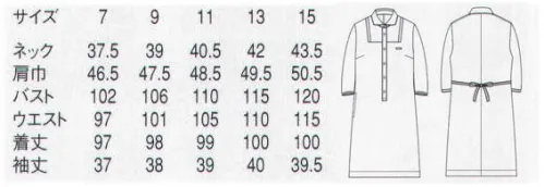 セブン（白洋社） CP2069 ワンピース 七分袖のワンピース（女性用）少し開いたワイドカラーで、台衿釦を閉めても開けても綺麗に着こなせます。胸元の切り替えにストライプ柄の方向も変えていることで、デザインポイントになっています。右脇のみ、縫い目利用のポケットが有ります。腰紐は前でも後でも結ぶことが可能です。ホテルの客室担当からスイーツ店など、様々なシーンに対応が出来ます。※注意:この商品は洗濯方法によっては多少色落ちや縮みがおこることがあります。タンブラー乾燥及び漂白剤はお避けください。 ※この商品はご注文後のキャンセル、返品及び交換は出来ませんのでご注意下さい。※なお、この商品のお支払方法は、先振込（代金引換以外）にて承り、ご入金確認後の手配となります。 サイズ／スペック