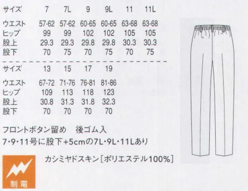 セブン（白洋社） DL2973 パンツ(後ろゴム入） ・ワンタックパンツ ・ベルトループ付き ・前ファスナーあき、ボタン留め ・両脇斜めポケット ・裾3cm二つ折りまつり付け ＊軽作業からサービスまでお使いいただけます。 ○綾織のしなやかな素材、比較的厚地です。7号・9号・11号は股下70センチ 同型:薄地「DL2907-9」 ※7・9・11号に股下+5cmの7L・9L・11Lあり。※この商品はご注文後のキャンセル、返品及び交換は出来ませんのでご注意下さい。※なお、この商品のお支払方法は、先振込（代金引換以外）にて承り、ご入金確認後の手配となります。 サイズ／スペック