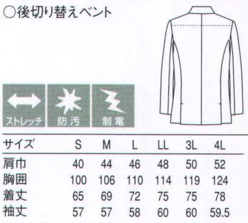 セブン（白洋社） BA1049 ジャケット ＊ストレッチ性、防汚加工の素材をベースに、袖ぐりに高機能ニットを切り替えることによりさらに機能性をUP。 スポーティーなデザインと多機能を合わせ持ったコックコートです。 オープンキッチンやフロアーサービスでの着用をオススメします。  ●機能性コックコートシリーズ  ・T/Cストレッチ、防汚機能  ・ シングルテーラード型  ・左胸、両腰位置に箱ポケット、袋布押さえステッチ仕様  ・前見返し、背裏ヨーク押さえステッチ  ・後ろ両サイドベンツ  ※この商品はご注文後のキャンセル、返品及び交換は出来ませんのでご注意下さい。※なお、この商品のお支払方法は、先振込（代金引換以外）にて承り、ご入金確認後の手配となります。 サイズ／スペック