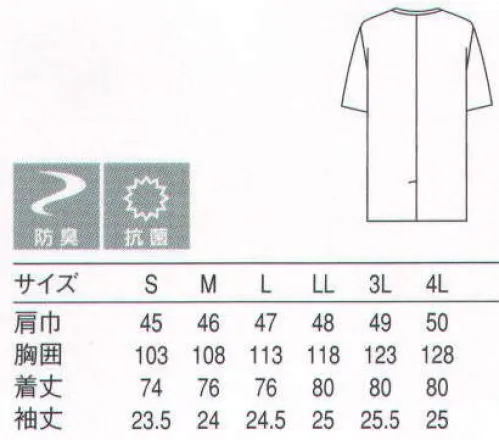 セブン（白洋社） BA1110-8 コート ・調理用長袖コート。  ・衿なし。  ・丈夫で壊れにくいオリジナル釦使用。  ・後ろベンツ入り。  ・SEK青マーク（抗菌防臭加工）生地使用。 ※調理、軽作業工場などに適しています。 ○清潔感のあるブロード素材を使用した調理用長袖コート。 丈夫で壊れにくいオリジナル釦を使用しています。生地に抗菌防臭加工が施されているので、常に衛生的な作業環境を求められる調理の現場におすすめです。※この商品はご注文後のキャンセル、返品及び交換は出来ませんのでご注意下さい。※なお、この商品のお支払方法は、先振込（代金引換以外）にて承り、ご入金確認後の手配となります。 サイズ／スペック