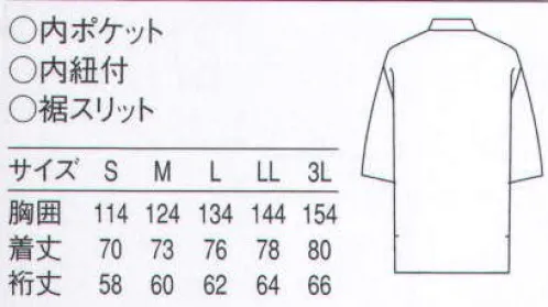 セブン（白洋社） BC1360 作務衣 ・ハッピーコート  ・左胸内ポケット  ・裾両スリット  ＊和風調理に適しています。 ○肩線に接ぎを入れたことにより、後ろに抜けるのを防止するとともに、前の打ち合わせも深くなり、肌蹴る心配も解消しました。 ※この商品は洗濯により多少色落ちすることがあります。※「5 白茶」「6 茶」は販売終了致しました。※この商品はご注文後のキャンセル、返品及び交換は出来ませんのでご注意下さい。※なお、この商品のお支払方法は、先振込（代金引換以外）にて承り、ご入金確認後の手配となります。 サイズ／スペック