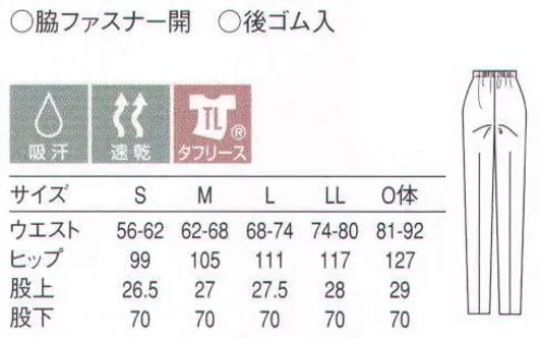 セブン（白洋社） BL1476-7 ワンタックパンツ（後ゴム入） セブンユニフォームの技術が生んだ傑作高耐久性形態安定ユニフォーム。形態安定に優れたタフ素材を、特殊プレスや耐久縫製でさらに強力に。長時間の酷使や洗濯にも、折り目やプリーツは美しさをキープ。この驚異の形態安定性と耐久力を、是非ともお仕事にお役立てください。・ワンタックパンツ  ・センタープレス入り  ・ベルトループ付き  ・左脇ファスナーあき、ボタン留め  ・ウエスト後ろゴム  ・右脇ポケット  ・裾6．5cm二つ折りまつり付け  ・タフリース（吸汗・速乾・携帯安定加工） ＊調理、軽作業工場などに適しています。※この商品はご注文後のキャンセル、返品及び交換は出来ませんのでご注意下さい。※なお、この商品のお支払方法は、先振込（代金引換以外）にて承り、ご入金確認後の手配となります。 サイズ／スペック