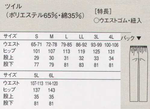 セブン（白洋社） WL493 パンツ（総ゴム・紐入） ・パンツ  ・前ファスナーあき  ・ウエスト総ゴム・紐入り  ・裾2cm三つ折   ＊食品工場、軽作業に適しています。  ・前立てには破損や変形が少なく熱にも強い、コイルファスナーを使用。※この商品はご注文後のキャンセル、返品及び交換は出来ませんのでご注意下さい。※なお、この商品のお支払方法は、先振込（代金引換以外）にて承り、ご入金確認後の手配となります。 サイズ／スペック