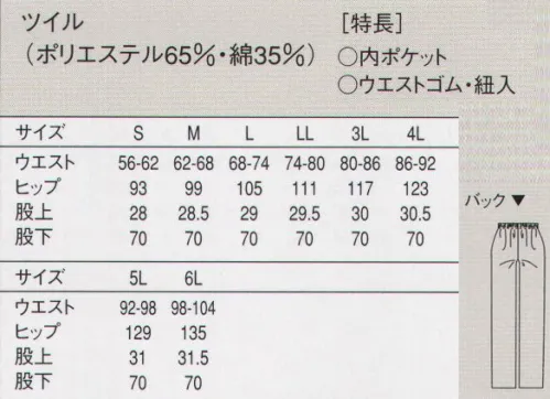 セブン（白洋社） WL494 パンツ（総ゴム・紐入） ・パンツ  ・ウエスト総ゴム、紐入り  ・右脇内ポケット  ・裾2cm  ＊食品工場、軽作業に適しています。 ※この商品はご注文後のキャンセル、返品及び交換は出来ませんのでご注意下さい。※なお、この商品のお支払方法は、先振込（代金引換以外）にて承り、ご入金確認後の手配となります。 サイズ／スペック