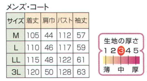 日の丸 1782 メンズ・コート エピクロス・メガーナ:超導電性・長繊維加工糸を使用。発塵、吸塵性が少なく、帯電防止、耐摩擦・耐洗濯性に優れています。 サイズ／スペック