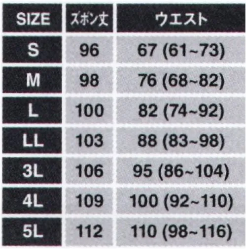 日の丸 6401 キルト・ズボン サーモトロン、蓄熱保温素材。サーモトロンは、太陽光（可視光線）を吸収し、その吸収した光エネルギーを熱エネルギーに変換する機能を持った、繊維の芯部分に炭化ジルコニウムのミクロ粒子を練り込んだ素材です。太陽の光に反応し、熱を生み出し、衣服内に蓄えます。また、炭化ジルコニウムは波長の長い遠赤外線を反射する性質があり、カラダから発生する熱（遠赤外線）を反射し、衣服内に留めます。「吸収・熱交換」「熱反射」というメカニズムで、カラダが求める快適な温かさを作り出します。 サイズ／スペック