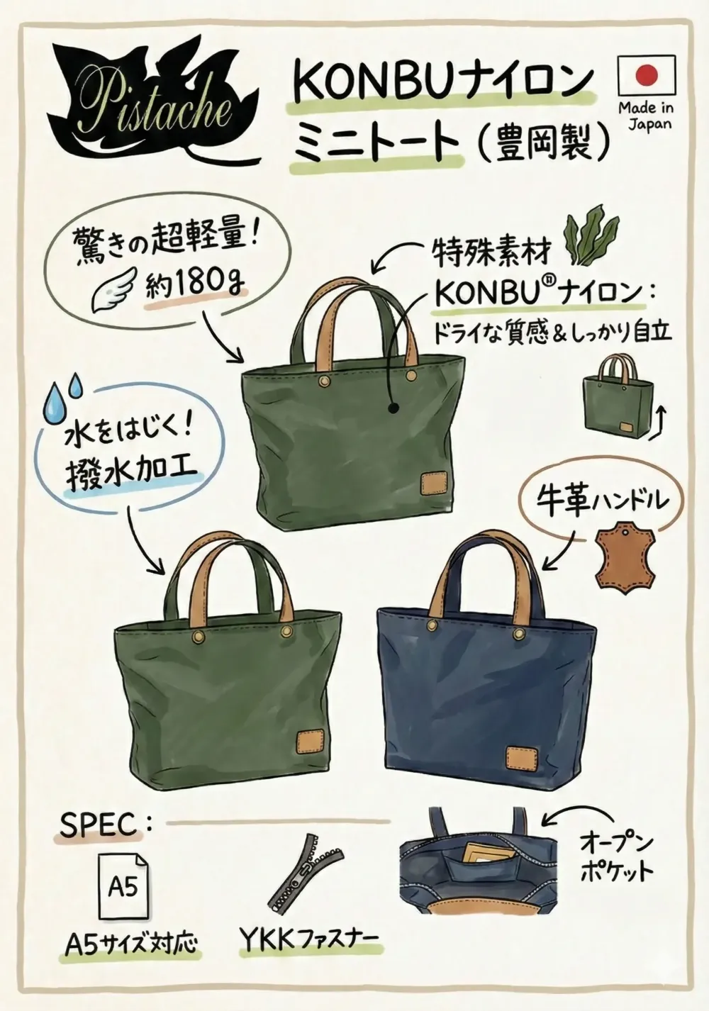 平野 53449 Pistache KONBUナイロン ミニートート サイズ・スペック