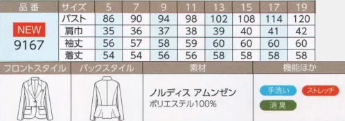 ハネクトーン 9167 ジャケット 空気までやわらぐようなやさしい表情を落ち着いた色と上品なデザインが物腰までやわらかく見せてくれそうな接客ウェア。どんなアイテムともコーディネートしやすく小物使いで多彩に表情をアレンジできることも魅力です。落ち着いた色に袖を通すと自然と身が引き締まる。Wポケット+内ポケットで収納性を高めながら、エレガントなペプラムシルエットでどこまでも女性らしく。●アームホールに消臭テープ付。最新のナノテクノロジーにより、ニオイの元から分解・消臭。アームホールの消臭テープが気になるニオイを抑えます。●胸ポケットの内側には名札ループ付き。●ペンホルダー付き内ポケット。●Wポケット。携帯も入る表にあたりの出づらい2重ポケット。物を入れても膨らまず、シルエットにひびきにくいよう考案された2重仕立てのWポケット。内側のポケットにかさばる物を入れても、表側のパッチポケットでカバーするので、きれいなシルエットがキープできます。【ノルディス アムンゼン】ソフトで上品な風合い。軽く動きやすい快適ストレッチ素材。シワになりにくく手洗い可能で乾きが速い。 サイズ／スペック