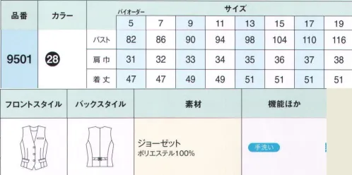 ハネクトーン 9501 ベスト 夏でも姿勢をくずさない、クラス感のあるブラック。シックかつフォーマルに徹するウエア～シックでフォーマリー。きちんとした折り目正しさが求められるカウンタービズに。質感にこだわった、表情多彩なブラック。落ち着いたセレモニーにふさわしい、気配りがありながらも出しゃばり過ぎないウエアです。※「ジョーゼット」～しなやかな風合いでドレープやプリーツなどがキレイに出る、女性のウエアには欠かせない素材。軽くさらりとした感触で一年中快適。シワになりにくく、家庭で手洗いが出来る機能性も併せ持っています。 サイズ／スペック