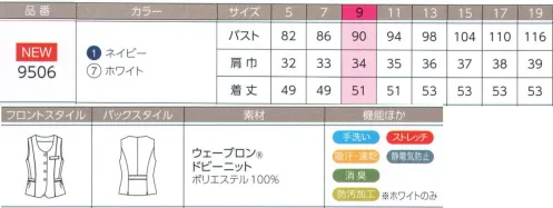 ハネクトーン 9506 ベスト すっきりとした美スタイル縦のラインでスラッと細見えに縦のラインを強調するパイピングで美スタイルに。上質のストレッチ素材で、信頼の夏スタイルに。軽くやわらかな着心地とグレード感を併せもつ、美スタイルにこだわった装いです。●ソフトな風合いのストレッチ素材●吸汗・速乾性があり快適な着心地●優れた制電性で不快な静電気を防止●手洗い可能で乾きも速い背ベルトはインカムがつけられる仕様。後サイドスリットで動きに対応。美スタイルをキープしながら快適に働けます。脇に消臭テープ付き。最新のナノテクノロジーにより、ニオイの元から分解、消臭。脇の消臭テープが気になるニオイを抑えます。温湿度コントロール裏地でオールシーズン快適「シエスタ セ ドッソ」通気性・放湿性に優れた吸汗速乾素材。なめらかな肌ざわりで、透け防止効果も備えた快適ストレッチ裏地です。ホワイトのみ防汚加工、化粧汚れ対応、エスメニガードCo口紅、ファンデーション、リップグロスといった化粧品汚れがつきにくく、洗濯するときに落ちやすくした加工です。【ウェーブロン ドビーニット】優れた吸汗・速乾性、静電気防止効果を発揮する機能素材。多機能×新質感で注目のウェーブロン表面に溝がある扁平な断面の機能性繊維。生地にすると、繊維間にできる隙間に水分を吸い込み吸収を高め、表面の溝が汗の拡散を速めます。しなやかな風合いです。※帝人フロンティア（株）の登録商標です。静電気防止素材、メガーナ高性能導電性繊維が帯電を防止し、空気が乾燥していても十分な制電効果を発揮。また耐摩擦性にも優れ、洗濯を繰り返しても静電気防止効果が持続します。※ユニチカトレーディング（株）の登録商標です。 サイズ／スペック