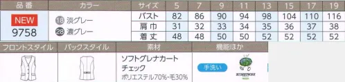 ハネクトーン 9758 ベスト 「どんなお客様にも好感を持っていただける」上質な風合いで魅せる、大人のためのチェック柄。誕生！上品で可憐な大人のチェック柄スタイル。大人の女性にふさわしい上質なチェックが主役のフェミニンな装いが生まれました。ストレッチ性のある杢調ツイルとのコーディネートで、グレード感をさらに高めます。他のスカートとも好相性！雰囲気の違う、2種類のチェック柄。濃グレーはワインカラーのラインで品のよい華やかさを演出。淡グレーはブルーのラインでシックな可愛らしさを感じさせます。【ソフトグレナカートチェック】・上質な可愛らしさを感じさせる大人のチェック。・きちんと感と高級感のある上質な綾織り。・ご家庭でお洗濯できます。●胸ポケットの内側には名札ループ付き。●飾りフラップ上がポケット口なので出し入れラク。●リボン風の背ベルトがポイント。 サイズ／スペック