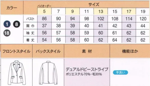 ハネクトーン A150 ジャケット ジャケットのラペルの上部、脇ポケットの玉ぶち、袖の見返しに、カラーストライプを配しています。スリット入りのリターンカフス。 上質感の中に控えめな優しさを演出する、センスあふれるJAYROスタイルのストライプ。ジャケット、ベストにさりげなく配したカラーストライプが、マニッシュなスタイルに女性らしい優しさをプラス。細くしなやかな糸使いで、オールシーズン着用していただけます。 ジュン＆ロペ・エンターテイメントがお送りします。ギャラリー、美術館、インフォメーション、受付、添乗員、旅行会社、プロとしての自信を生むJUNのカウンタービズ。 サイズ／スペック