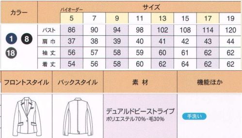 ハネクトーン A150 ジャケット ジャケットのラペルの上部、脇ポケットの玉ぶち、袖の見返しに、カラーストライプを配しています。スリット入りのリターンカフス。 上質感の中に控えめな優しさを演出する、センスあふれるJAYROスタイルのストライプ。ジャケット、ベストにさりげなく配したカラーストライプが、マニッシュなスタイルに女性らしい優しさをプラス。細くしなやかな糸使いで、オールシーズン着用していただけます。 ジュン＆ロペ・エンターテイメントがお送りします。ギャラリー、美術館、インフォメーション、受付、添乗員、旅行会社、プロとしての自信を生むJUNのカウンタービズ。 サイズ／スペック