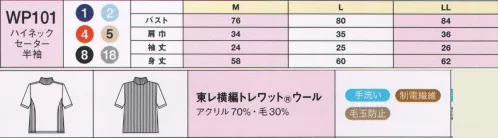 ハネクトーン WP101 ハイネックセーター（半袖） 異なる編み方を組み合わせる事で高いデザイン性を生みました。リブ素材は、スマートなシルエットを印象づけるとともに、背中の動きをフォロー。 ベストやジャケットの下にもすっきり着られる、ほどよい厚さのニット。きちんと感をキープして、ぬくもりと心地よさを。秋冬の防寒はもちろん、エアコン対策にも欠かせないニット。カジュアルになりすぎないきちんと感のあるアイテムなら、オフィスウエアのイメージをこわしません。 サイズ／スペック