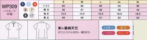 ハネクトーン WP309 半袖ハイネックシャツ（天竺） イージーケアが魅力の東レ裏綿天竺。コットンのさわやかな肌ざわりとポリエステルのお手入れしやすさが調和。吸汗性と速乾性に優れ、洗濯機もOK。ノーアイロンで着用できます。女性に安心な透け防止加工がされています。着心地、機能、デザインにこだわり。頼りになる快適インナー。 サイズ／スペック