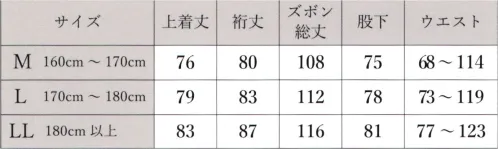 伊田繊維 1113 ウールライク・ストレッチ作務衣[聖] [聖（ひじり）]シリーズ柔らかく、暖かみがあり、弾力性に優れ、シワになりにくく、まるでウールの様なストレッチ素材の作務衣です。素材はポリエステル100％で取り扱いが楽で機能性に優れています。原点回帰。本来の「作務」のために。作務（さむ）とは、あらゆる労働や作業の事を言い、その作務を行うときに着用していた服装が「作務衣」です。ズボンの渡り巾をはじめとして全体的にも広くゆったりとしたシルエットで、内ポケットやファスナー付きポケット、身八つ口といった様々な機能性、活動性を兼ね備えた袖裾ゴム式の作務衣を和粋庵の「聖」シリーズとしてラインナップしました。※この商品はご注文後のキャンセル、返品及び交換は出来ませんのでご注意下さい。※なお、この商品のお支払方法は、先振込(代金引換以外)にて承り、ご入金確認後の手配となります。 サイズ／スペック