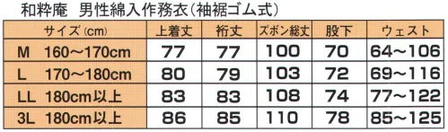 伊田繊維 5026 T/Cバーバリー織綿入作務衣(LL) 「和粋庵」軽くて、洗濯も楽なテトロンコットンの綿入れ作務衣中綿入りのキルト加工で、ポカポカ暖かく、保温性抜群です。表、裏地は共に綿を使用し、肌触りも良いです。表地のバーバリー織は緻密で、手触りがよく、なめらかで、光沢に富み、高級感のある織物です。ポリエステル65％ですので、軽く、強く、洗濯も楽です。仕立てもウェストはゴムを入れ、前は紐式ではき易く、締め付けがなく楽に腰にフィットします。ズボンは両脇にポケットを付け、便利にできています。上着は前袷せで暖かさも2倍、冬の厳しい寒さにもしっかり対応し、省エネウェア、ウォームビズとして最適です。一度着てしまうと、ポカポカ暖かく、もう手放せません。※この商品はご注文後のキャンセル、返品及び交換は出来ませんのでご注意下さい。※なお、この商品のお支払方法は、先振込（代金引換以外）にて承り、ご入金確認後の手配となります。 サイズ／スペック