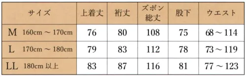 伊田繊維 5033 T/C裏綿二重織作務衣 寺院様より法衣の上から着られ、ズボンの渡り巾の広いゆったりとした作務衣が欲しいというご要望を受け、デザインしました。素材は表がポリエステルで裏が綿の二重織り組織で織り、天然繊維・綿の着心地の良さと化学繊維・ポリエステルの機能性の良さを併せ持つ作務衣です。※この商品はご注文後のキャンセル、返品及び交換は出来ませんのでご注意下さい。※なお、この商品のお支払方法は、先振込（代金引換以外）にて承り、ご入金確認後の手配となります。 サイズ／スペック