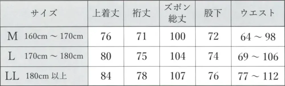 伊田繊維 8026 杢糸織デザイン作務衣 サイズ・スペック