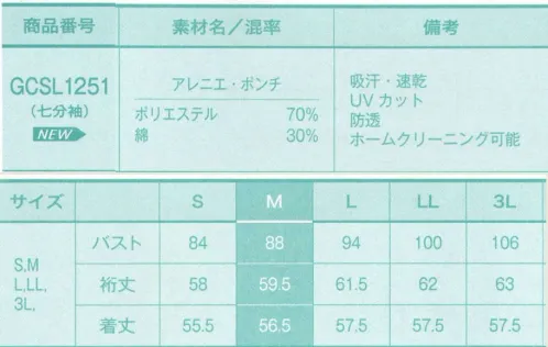 サーヴォ GCSL1251 カットソー 首元がスッキリ見えるネックラインと、一日中快適に過ごせる素材感がうれしい。防透性があり、UVカット機能を持つカットソー。裏側に綿の糸を使用しているため、肌にふれる部分が心地よく、吸汗性にも優れています。着こなしやすいシンプルさが魅力。シルエットが新しくなりました。  ■アレニエ・ポンチの機能:01．高い防透性と優れたUVカット性。 02．爽やかなドライタッチの清涼感。  03．素早い吸汗・速乾性で快適な着心地。 サイズ／スペック