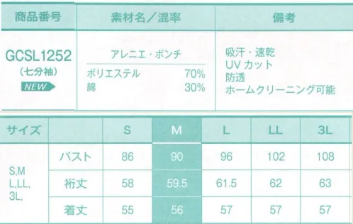 サーヴォ GCSL1252 カットソー 首元がスッキリ見えるネックラインと、一日中快適に過ごせる素材感がうれしい。防透性があり、UVカット機能を持つカットソー。裏側に綿の糸を使用しているため、肌にふれる部分が心地よく、吸汗性にも優れています。着こなしやすいシンプルさが魅力。シルエットが新しくなりました。  ■アレニエ・ポンチの機能:01．高い防透性と優れたUVカット性。 02．爽やかなドライタッチの清涼感。  03．素早い吸汗・速乾性で快適な着心地。 サイズ／スペック