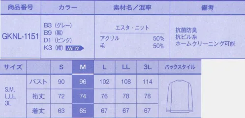 サーヴォ GKNL1151 カーディガン においを気にせず、いつでも清潔。お家で洗えるカーディガン登場。やさしい印象を与えるカーディガンに、嬉しい抗菌防臭機能がつきました！ ウール素材「エスタ・ニット」嬉しい4つの特徴！●高い抗菌防臭性を発揮します。JIS L 1902試験の基準をクリアし、医療施設などでも安心。  ●お家で洗濯OK。ご家庭で手洗いが可能なので、いつも清潔な状態をキープできます。  ●なめらかな肌ざわり。チクチクした感じがほとんどなく、やさしい着心地です。  ●いつまでもキレイ。ウールにつきものの毛玉ができにくく、ずっとキレイです。しかも、製品化の段階でホルマリン不使用。水を汚しません。◆抗菌防臭機能:臭いのもとにもなる雑菌の繁殖を調べる糸に対するZ試験で、通常の2倍もの抗菌防臭性の機能効果が認められました！（JIS L 1902定量試験にて静菌活性値5．6以上。一般的な基準は2．2以上。）  ◆毛玉がつきにくい:羊毛の表面の固いスケールを取り除くことで、ウールに付き物の毛玉がつきにくく、チクチク感もありません。  ◆消臭効果がバツグン:ツンとくるいやな臭いの代表、アンモニア臭、酢酸臭に対して糸の消臭効果が認められました。 サイズ／スペック