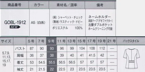 サーヴォ GOBL-1912 オーバーブラウス SHERBET CHECK（シャーベット・チェック）夏に嬉しいサラサラした肌触りの素材です。涼しげなシャーベットカラーのチェックが女性らしいネオクラシックな印象を演出します。【デオファクター®】天然鉱物ミネラル成分が空気中の水分と反応することでOHラジカルや過酸化水素と呼ばれる活性酸素を生成し、有害菌やニオイを水と酸素に分解し無害化します。■形状特徴・ネームホルダー胸ポケット下にネームホルダーが付けられるスリット入り。胸元がもたつかずスッキリ見えます。・チェンジポケット左腰ポケットの上にはスマートフォンなどが入れられる大容量チェンジポケット・消臭テープ（デオファクター）脇下にはデオファクターの消臭テープ付き。（裏面） サイズ／スペック