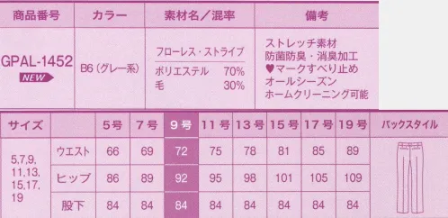 サーヴォ GPAL-1452 パンツ 機能とスタイルUPの両方を兼ね備えた完璧なストライプ･スーツ！「動きやすい」「いつも清潔」「充実の収納力」は当たり前。そこに「スタイルUP」が加わることで「究極の事務服」に！やっぱり制服といえばストライプ！本命事務服はフローレスストライプで決まり!!スーツの定番とも入れるストライプ。視覚による痩身効果や脚長効果もあって女性にはうれしいことだらけ。このフローレス(=完璧)ストライプは、ストライプの色や間隔などをとことんこだわり、女性らしく、細くきれいい見えるよう仕上げました。ストライプによるIラインの細見せ効果で理想のボディラインを演出。デスクワークをアシストする機能も満載で働く女性の強い味方。美シルエット＆高機能で仕事効率もUP！上品なストライプのスーツは見た目よりはるかに高機能。お仕事を快適にサポートします。●1．後加工で優れた効果を発揮抗菌防臭機能。後加工で抗菌防臭性と消臭性を付けることで、スーツについた嫌な汗臭やタバコ臭、体臭などに優れた消臭効果を発揮します。●2．縦横方向に伸びる上質生地を使用。縦方向にも横方向にも伸びる上質な生地を使用し、高い伸縮性を生み出しています。美しいシルエットはキープしつつ、身体に馴染むソフトな着心地でアクティブな動きをサポートします。パンツのベルト裏には、グレーの可愛いハートのすべり止めが付いています。 サイズ／スペック