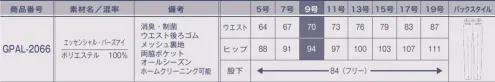 サーヴォ GPAL-2066 パンツ 今までになかった！柔らかでソフトな生地感ウールのような風合いとバーズアイ風の杢調柄素材。深いネイビーが親しみやすい印象を与えます。適度なストレッチ性が体に馴染み、消臭・制菌加工「デオファクター®」で快適な着心地です。24時間キレイが続く消臭・制菌加工 DEOFACTOR®(デオファクター)●01.気になる汗のニオイの元を分解！忙しい時や緊張する会議など、汗をかくと気がかりなのはニオイ。デオファクターは消臭効果に優れているので、汗をかいてもニオイを抑えていつも安心です。●02.いつでもどこでも効果が続く暗いロッカーの中など光の届かない場所でも消臭・制菌効果を発揮するので、保管場所を選びません。●03.気になる汗のニオイのお手入れ楽チン！洗濯しても消臭・制菌効果が持続します。働く女性嬉しいイージーケア！●04.菌を抑えるだけでなく減らす！気になる雑菌も、制菌効果で菌を減らし、いつでも快適な着心地を実現します。※この商品は股下フリーのため、着用するには丈詰めが必要です。 サイズ／スペック