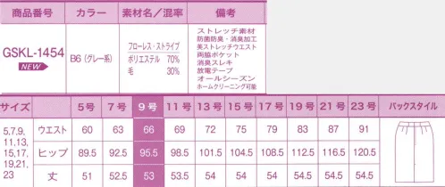 サーヴォ GSKL-1454 タイトスカート 機能とスタイルUPの両方を兼ね備えた完璧なストライプ･スーツ！「動きやすい」「いつも清潔」「充実の収納力」は当たり前。そこに「スタイルUP」が加わることで「究極の事務服」に！やっぱり制服といえばストライプ！本命事務服はフローレスストライプで決まり!!スーツの定番とも入れるストライプ。視覚による痩身効果や脚長効果もあって女性にはうれしいことだらけ。このフローレス(=完璧)ストライプは、ストライプの色や間隔などをとことんこだわり、女性らしく、細くきれいい見えるよう仕上げました。ストライプによるIラインの細見せ効果で理想のボディラインを演出。デスクワークをアシストする機能も満載で働く女性の強い味方。美シルエット＆高機能で仕事効率もUP！上品なストライプのスーツは見た目よりはるかに高機能。お仕事を快適にサポートします。●1．後加工で優れた効果を発揮抗菌防臭機能。後加工で抗菌防臭性と消臭性を付けることで、スーツについた嫌な汗臭やタバコ臭、体臭などに優れた消臭効果を発揮します。●2．縦横方向に伸びる上質生地を使用。縦方向にも横方向にも伸びる上質な生地を使用し、高い伸縮性を生み出しています。美しいシルエットはキープしつつ、身体に馴染むソフトな着心地でアクティブな動きをサポートします。さらにビリッと感にさよなら静電気防止機能。各アイテムにつけられた放電テープによって、静電気による嫌なビリッと感を抑制。バツグンの伸縮性でアクティブな動きにフィット！3cmのゆとりで座っていてもラクチン！見た目はスッキリなのに、ウエストが3cm伸びるベルトで立ちも座りもラクチン。ストレスフリー。両サイドにポケットが付いていて収納力が格段にUP！スマートフォン楽々しまえて便利です。透明タイプのすべり止め＆消臭機能付きベルト裏地。透明タイプのすべり止めは、スカートのズレやブラウスの飛び出しを防止。ウエストベルトの裏地には消臭機能も付いています。 サイズ／スペック