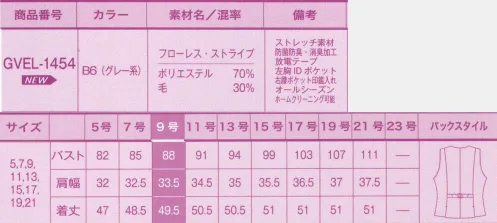 サーヴォ GVEL-1454 ベスト 機能とスタイルUPの両方を兼ね備えた完璧なストライプ･スーツ！「動きやすい」「いつも清潔」「充実の収納力」は当たり前。そこに「スタイルUP」が加わることで「究極の事務服」に！やっぱり制服といえばストライプ！本命事務服はフローレスストライプで決まり!!スーツの定番とも入れるストライプ。視覚による痩身効果や脚長効果もあって女性にはうれしいことだらけ。このフローレス(=完璧)ストライプは、ストライプの色や間隔などをとことんこだわり、女性らしく、細くきれいい見えるよう仕上げました。ストライプによるIラインの細見せ効果で理想のボディラインを演出。デスクワークをアシストする機能も満載で働く女性の強い味方。美シルエット＆高機能で仕事効率もUP！上品なストライプのスーツは見た目よりはるかに高機能。お仕事を快適にサポートします。ベストの逆カーブのV開きでスッキリ美しく！襟を逆カーブにする事で、V開きがスッキリ深くなり、スカーフやリボンを付けた時にバランスよくキレイに見えます。サイドのバイアスデザインとプリンセスラインでスタイルUP！肩から伸びるプリンセスラインと、脇のバイアスラインの視覚効果でほっそりコンパクトに見えます。バックも同様の仕様で360度どこから見てもスタイル美人に。切り替え線＆後ベンツ。ウエストが細く見えるのにらくちん！ベストの後ベンツを高い位置から深く開けているので、動きやすくて、窮屈感もなく、長時間座ったままの作業でも楽に出来ます。女性らしい華奢な細身シルエットに見せるストライプのマジック！縦長に見せてくれる細ストライプ柄のベスト。バイアスデザインとプリンセスラインの効果でメリハリあるスタイルに。●1．後加工で優れた効果を発揮抗菌防臭機能。後加工で抗菌防臭性と消臭性を付けることで、スーツについた嫌な汗臭やタバコ臭、体臭などに優れた消臭効果を発揮します。●2．縦横方向に伸びる上質生地を使用。縦方向にも横方向にも伸びる上質な生地を使用し、高い伸縮性を生み出しています。美しいシルエットはキープしつつ、身体に馴染むソフトな着心地でアクティブな動きをサポートします。さらにビリッと感にさよなら静電気防止機能。各アイテムにつけられた放電テープによって、静電気による嫌なビリッと感を抑制。胸ポケットは深さ13cm。長めのペンもスッキリ納まる充実の収納力。左内側にはIDカードなどをしまうのみ丁度いい内ポケット付き。右腰ポケットには、印鑑をしまえる小分け仕様のポケット付き。スマートに出し入れが出来ます。 サイズ／スペック