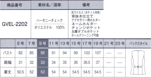 サーヴォ GVEL-2202 ベスト 繊細な印象のかすれ調チェック柄。凹凸感のある織りは体に張り付かず涼しく、ふんわりとしたソフトな張り感は体のラインをひろわず、着る人を選びません。濃色系の紺や黒のボトムにも合わせやすいです。■多様性を尊重する取り組み ヘラルボニー×SERVOヘラルボニーが契約する障害のある作家が書いたアート作品をユニフォームに起用。アートを活かした商品を販売し、売上の一部を福祉施設と作家へ還元することで、多様性を認め合う社会づくりを応援しています。■ポケット内側に、抗菌・抗ウイルス機能繊維加工技術「CLEANSE®」・抗菌、抗ウイルス繊維上の特定のウイルスの数を99％以上減少させ、特定の細菌の増殖を抑制・優れた洗濯耐久性家庭洗濯50回後も効果が持続することを確認・高い安全性口腔衛生用抗菌剤をベースにした「Etak®」を使用。各種試験で高い安全性を確認。・抗菌、抗ウイルス加工は、病気の治療や予防を目的とするものではありません。・抗ウイルス加工は、ウイルスの働きを抑制するものではありません。・抗菌性、抗ウイルス性の評価に関しましては、クラボウの独自評価によるものです。 サイズ／スペック