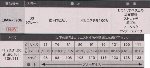 サーヴォ LPAM-1705 パンツ（メンズ） どんなカラーのトップスにも合わせやすい、柔らかい印象のグレーボトム。パンツ後ろ部分の生地を斜め使いにして動きやすさにも配慮。股下にマチを入れ、シルエットはすっきり細いのに、脚が開きやすく、しゃがむ動作も窮屈感がありません。 ウエストサイドにはDカン。左右で使い分けできて便利＆効率◎【杢トロピカル】高級感が漂う風合いの杢調素材。アクティブな仕事に最適なストレッチ入り素材です。 サイズ／スペック