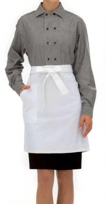 サーヴォ BL-241 男女兼用シャツ（長袖） コックコート風のカジュアルシャツ。台衿付きの四角い小さなシャツカラーで、セミダブルの打合せです。やや長めの着丈、ゆったりとしたシルエットはインナーとしても、オーバーにしてジャケット風にも着用できます。白×黒のスタンダードなギンガムチェックは黒、白、ワイン、グリーン、赤等組み合わせるエプロンの色を選びません。